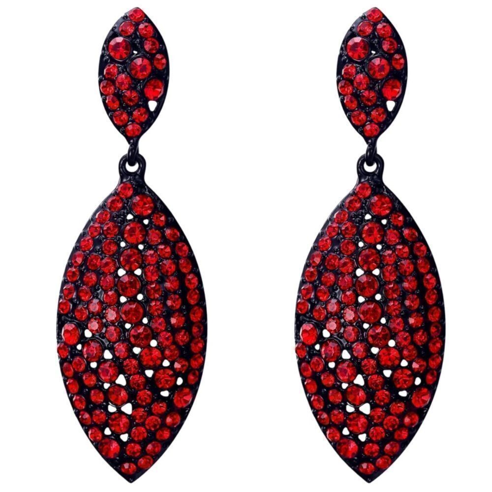 Carbon Black with Ruby Red Crystal Double Leaf Chandelier Post Back Earrings